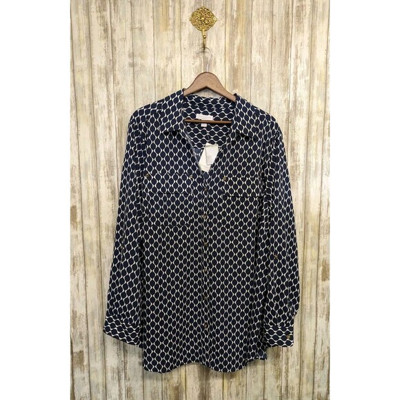 Charter Club Women's Button Down Top Roll Tab Navy Blue Gold Button Blouse 3X - Picture 1 of 10